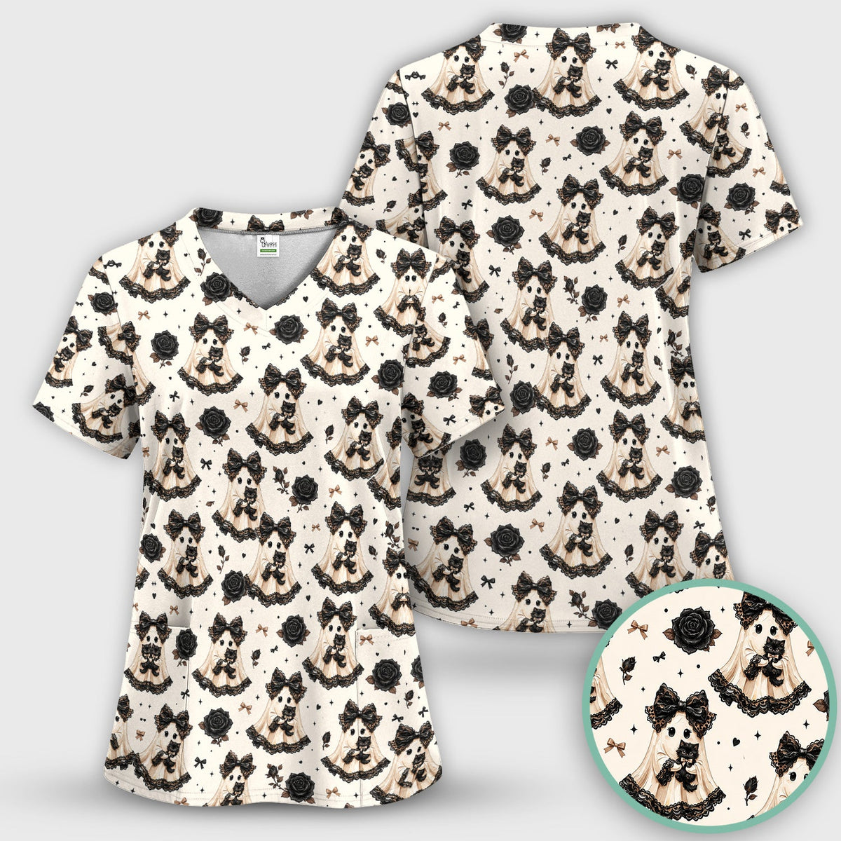 Ghost Black Cat Nurse Scrub Set - Halloween Gift