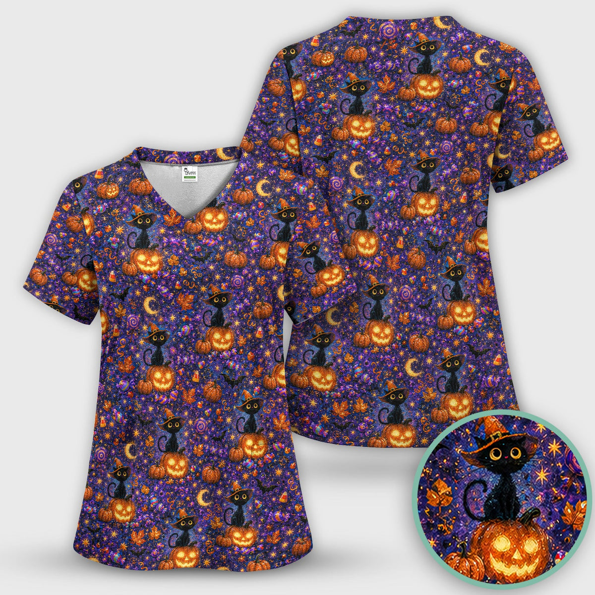 Mystical Witch Cat Nurse Scrub Top - Halloween Gift