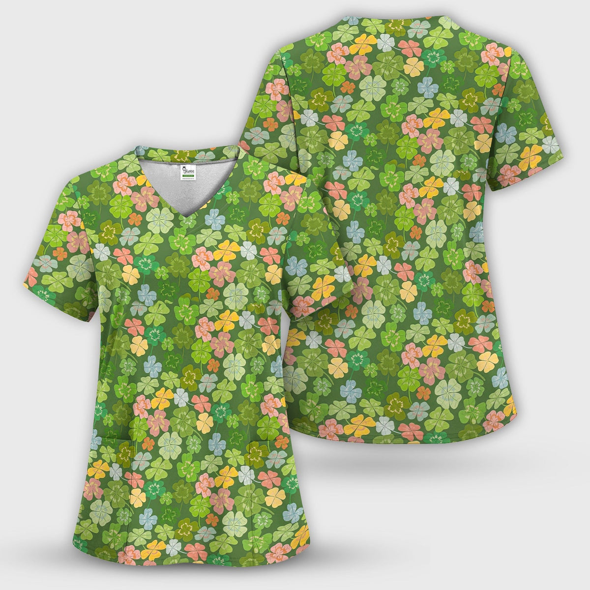 Colorful Shamrock Clover Nurse Scrub Top