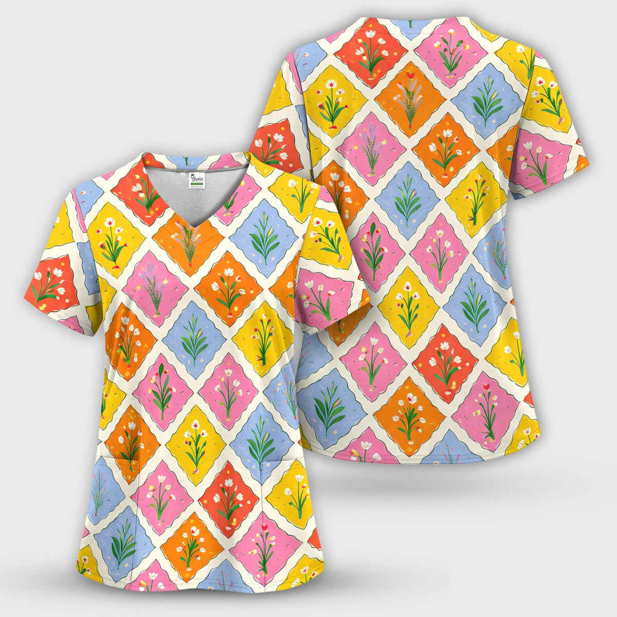 Colorful Floral Tile Nurse Scrub Top