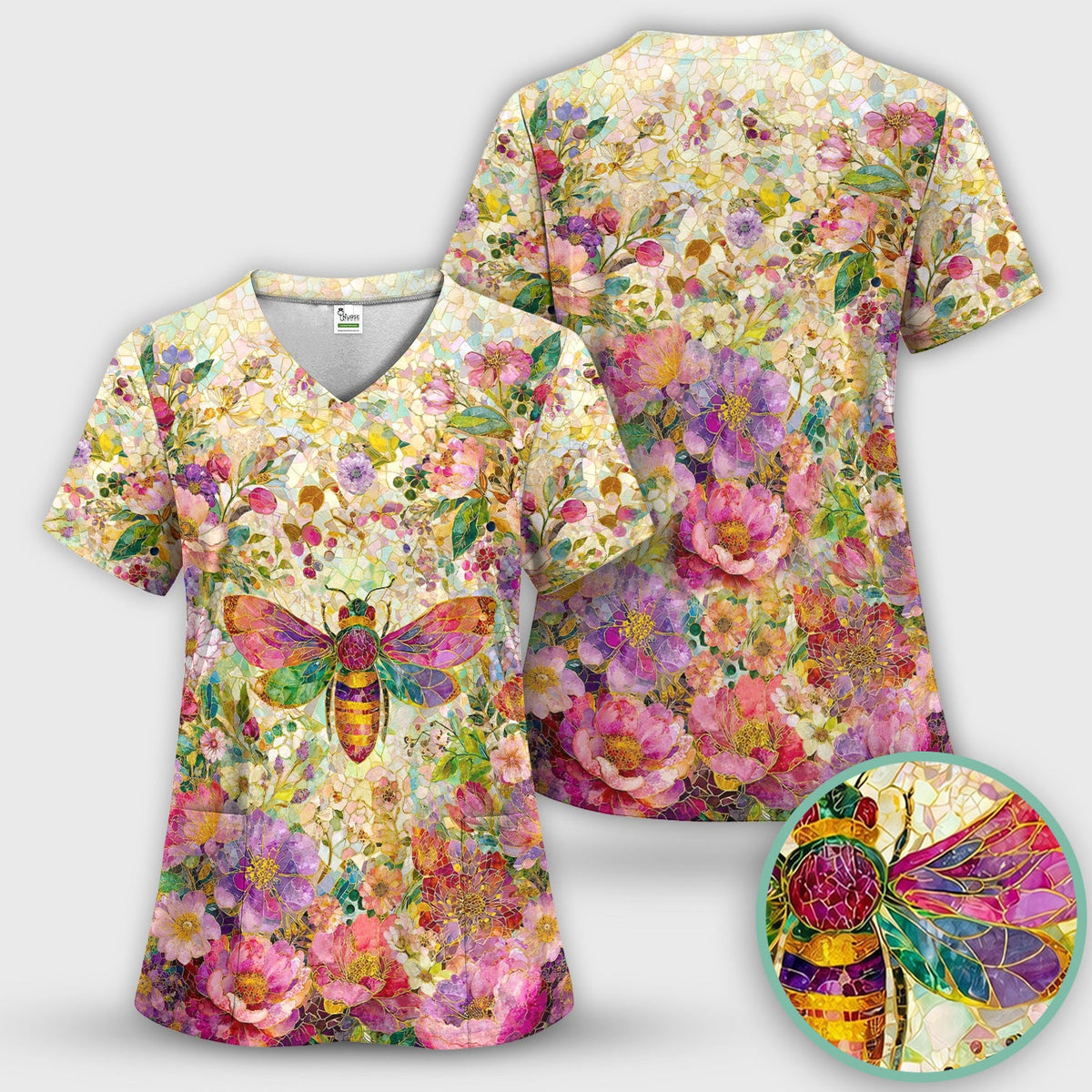 Vibrant Mosaic Bee Nurse Pattern Scrub Top, Comfortable Scrubs for Nurses