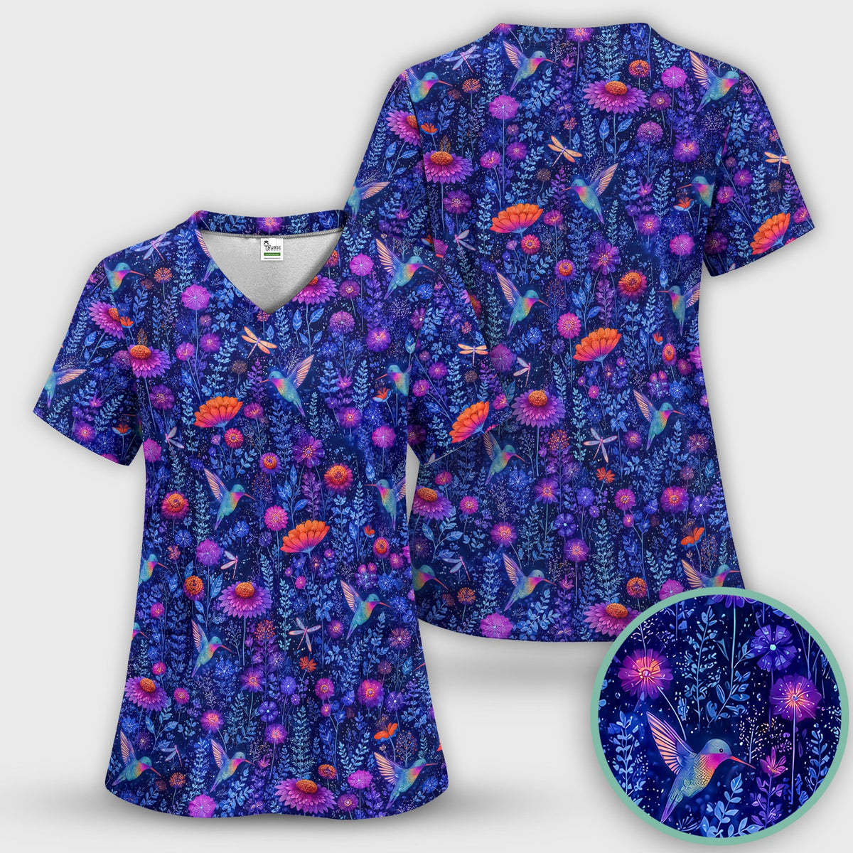 Enchanted Hummingbird Wildflower Garden Nurse Scrub Top
