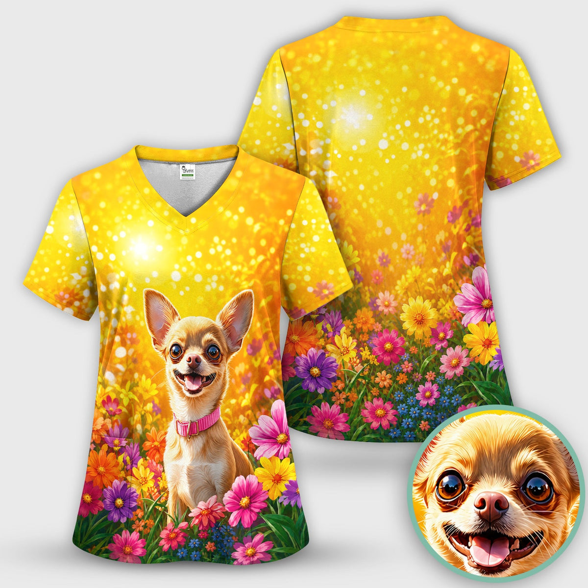 Chihuahua Flower Meadow Nurse Scrub Top