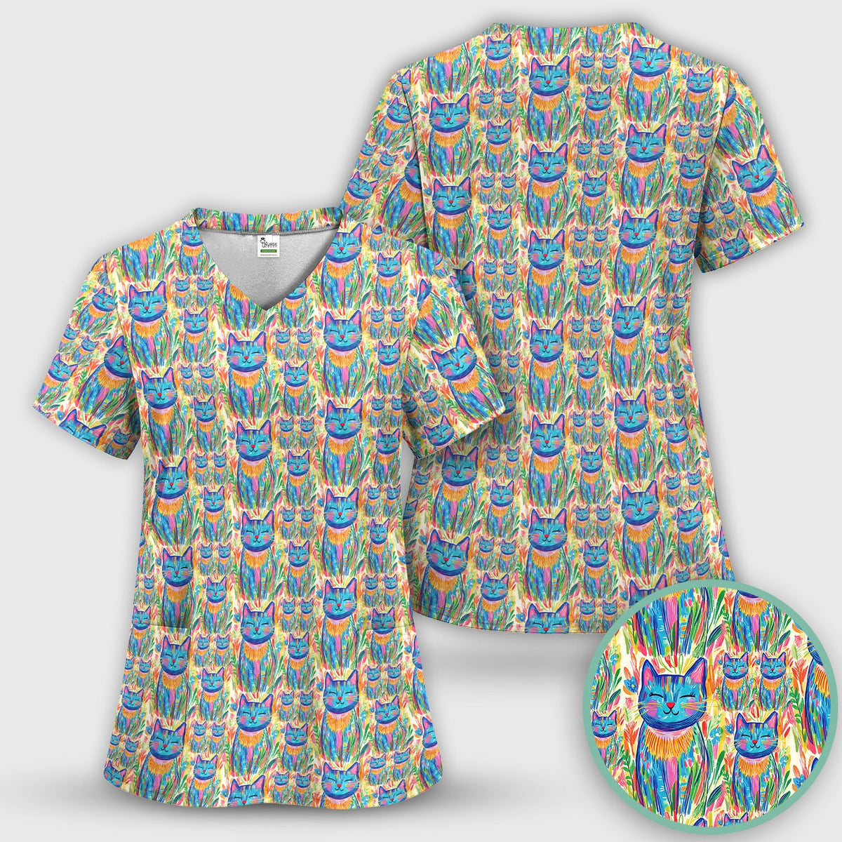 Colorful Rainbow Cat Floral Brushstroke Nurse Scrub Top