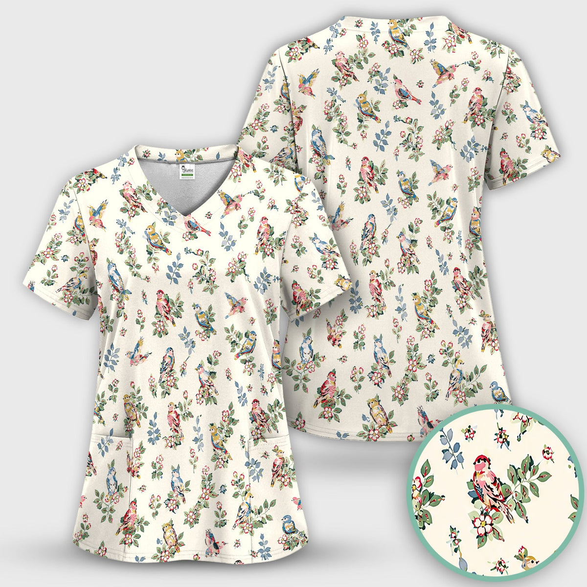 Vintage Birds Blossom Nurse Scrub Top