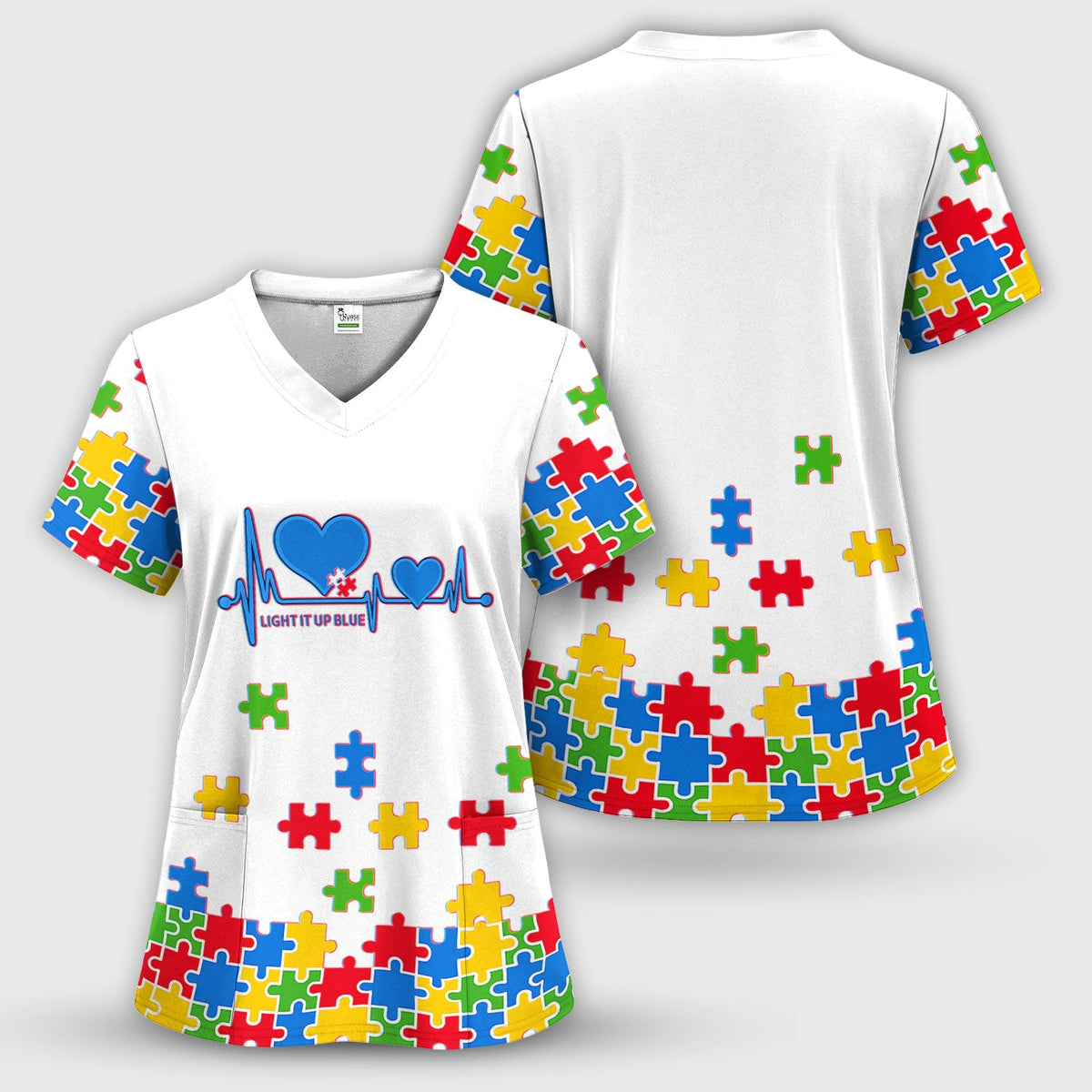 Autism Puzzle Heartbeat Light It Up Blue Print Scrub Top, Comfortable Scrubs for Nurses