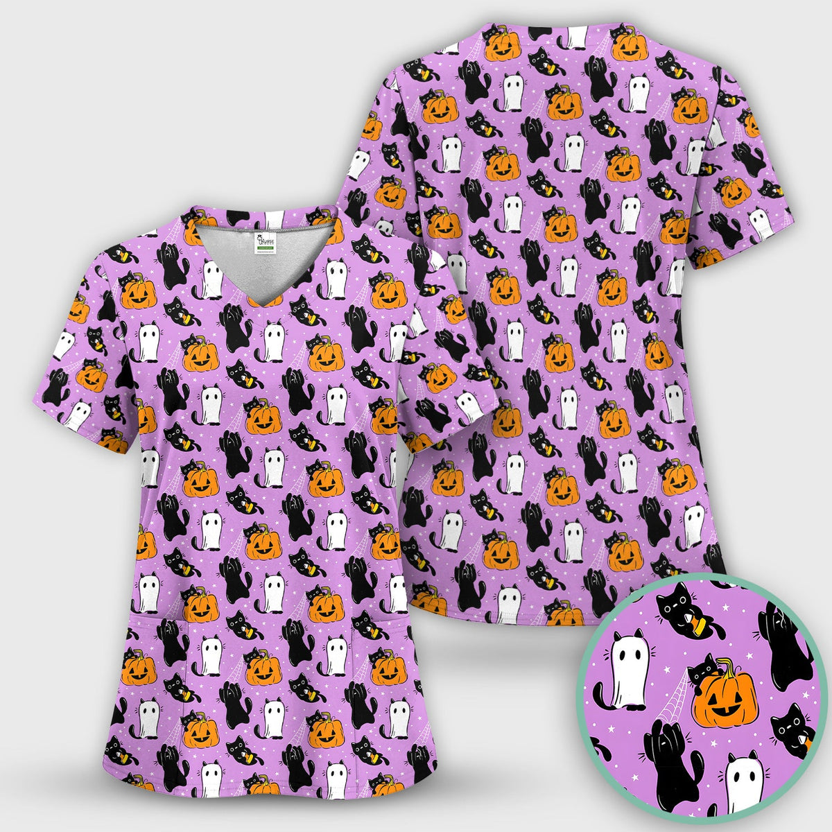 Purple Halloween Black Cat Nurse Scrub Set