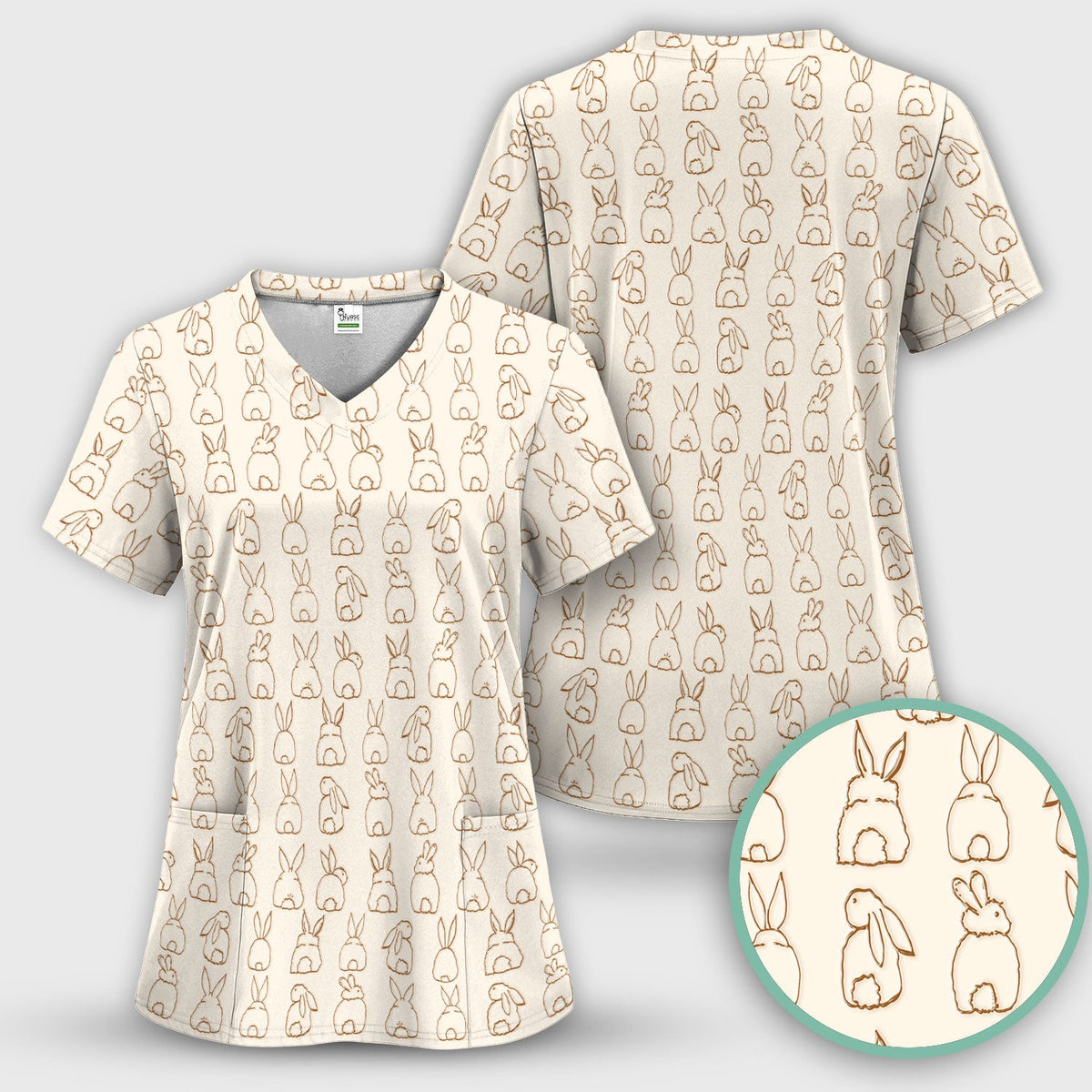Cartoon Bunny Line Art Nurse Scrub Top - Easter Gift