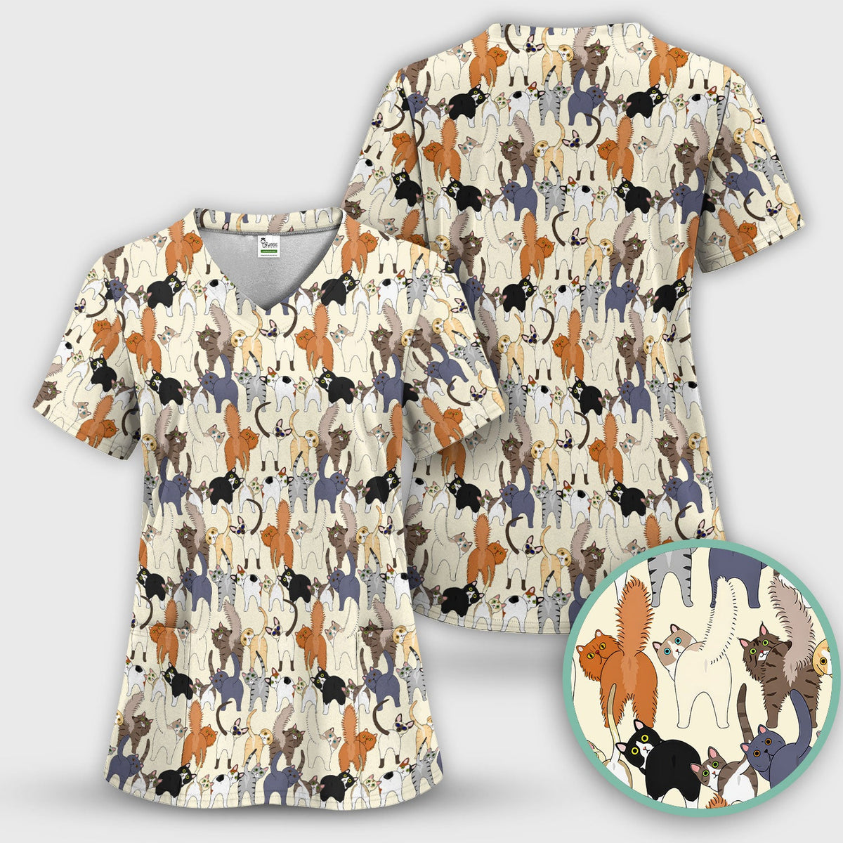 Whimsical Multicolor Cat Cartoon Nurse Scrub Set