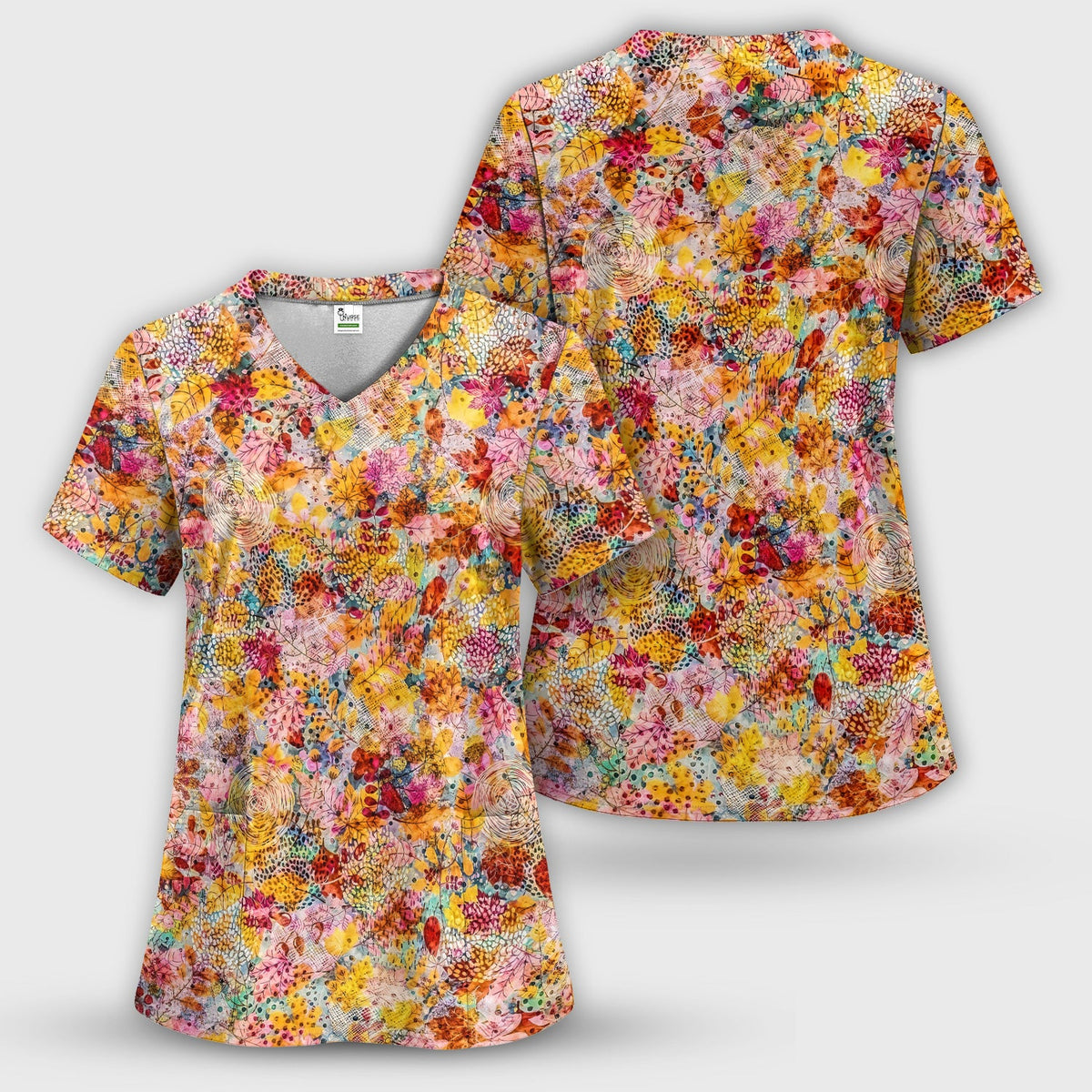 Autumn Floral Leaves Nurse Scrub Top