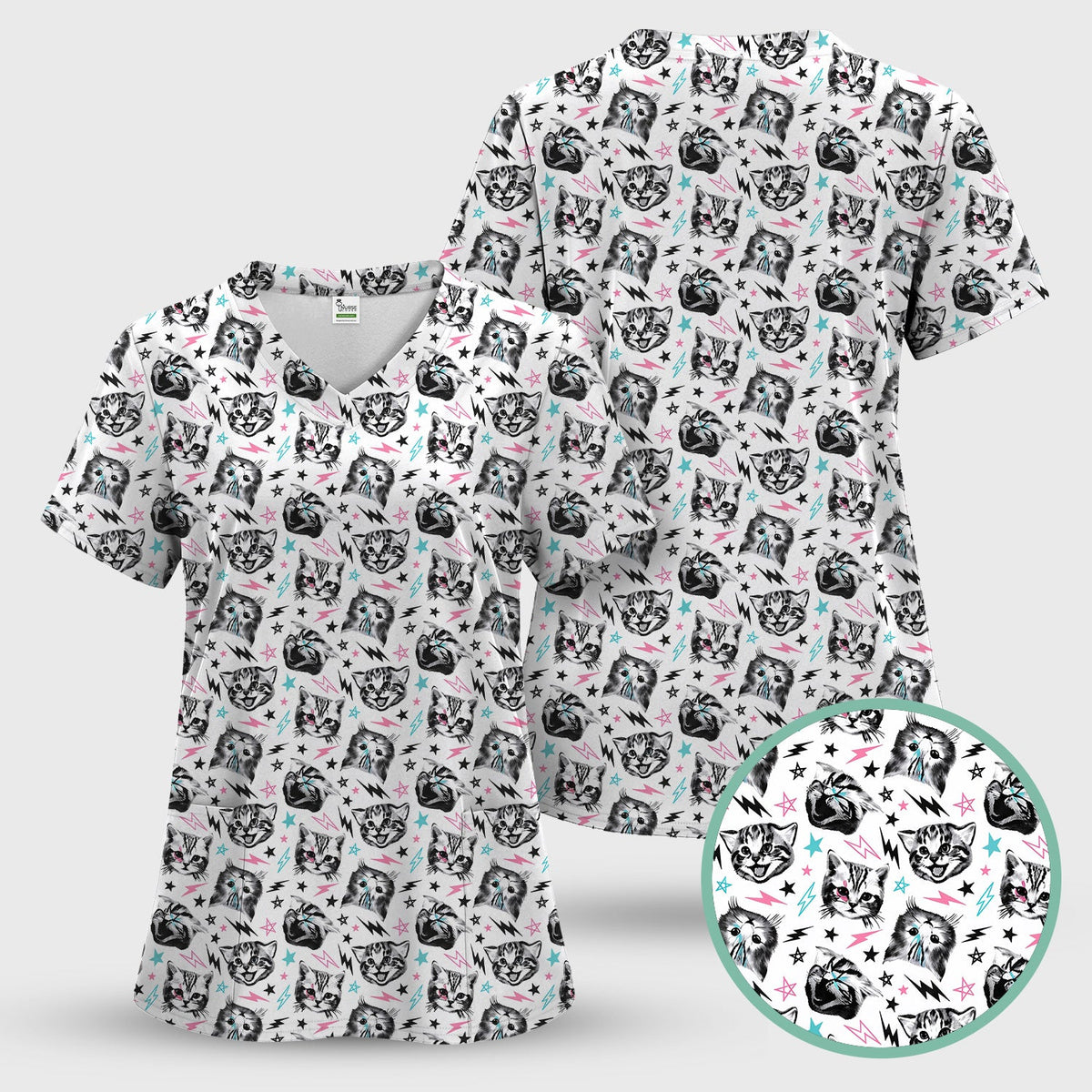 Cat Faces Lightning Nurse Scrub Top