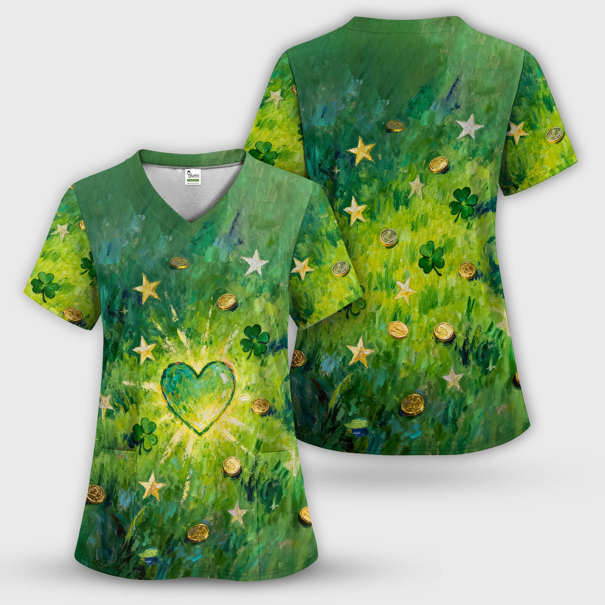 St Patrick Lucky Shamrock Heart Nurse Scrub Set