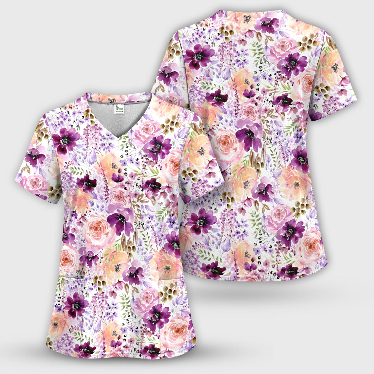 Elegant Watercolor Floral Bloom Nurse Scrub Top
