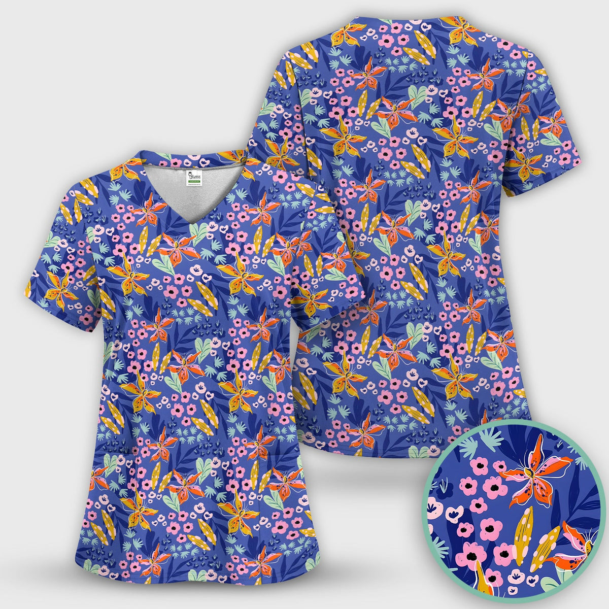 Blue Lily Floral Garden Nurse Scrub Top