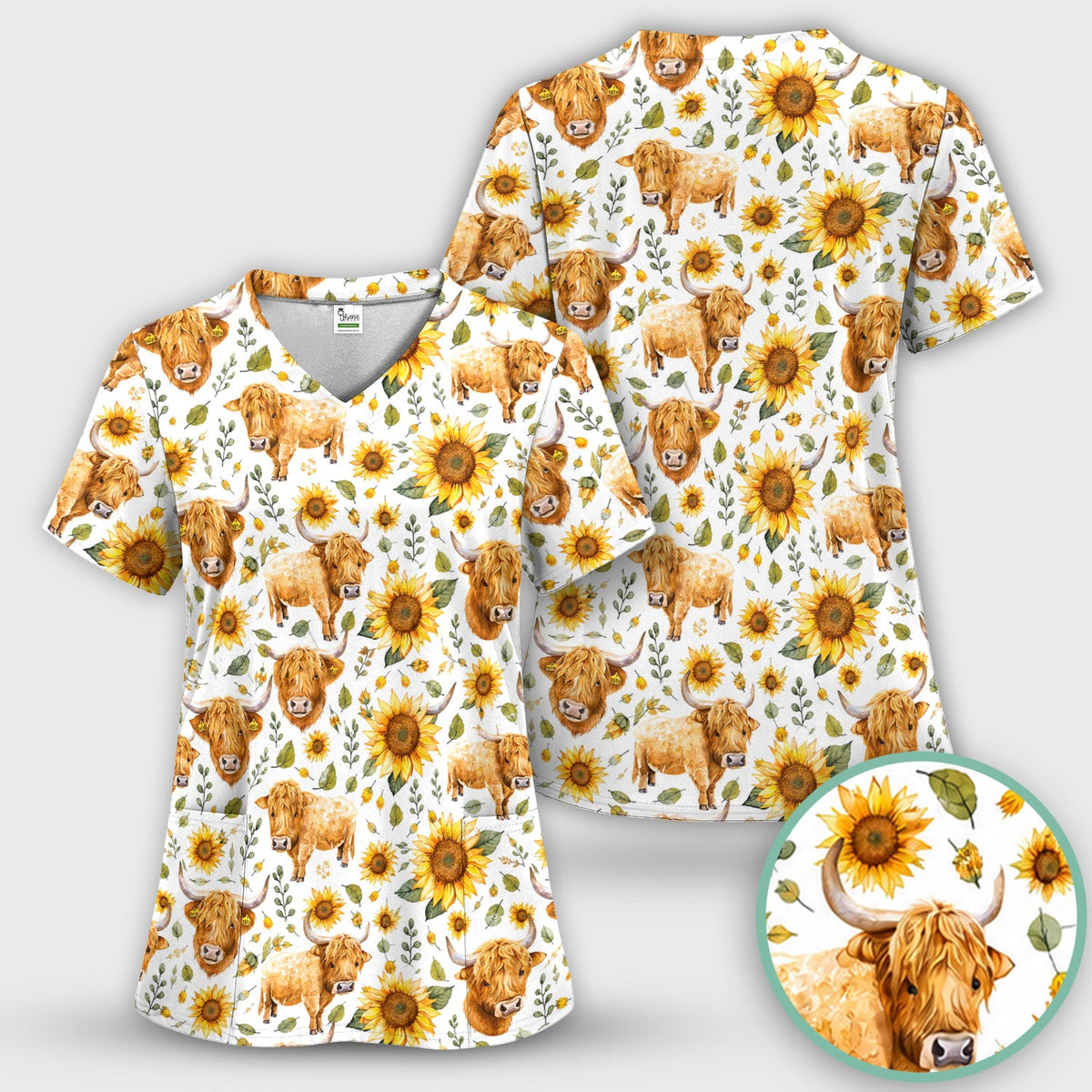 Highland Cow Sunflower Pattern Nurse Scrub Set