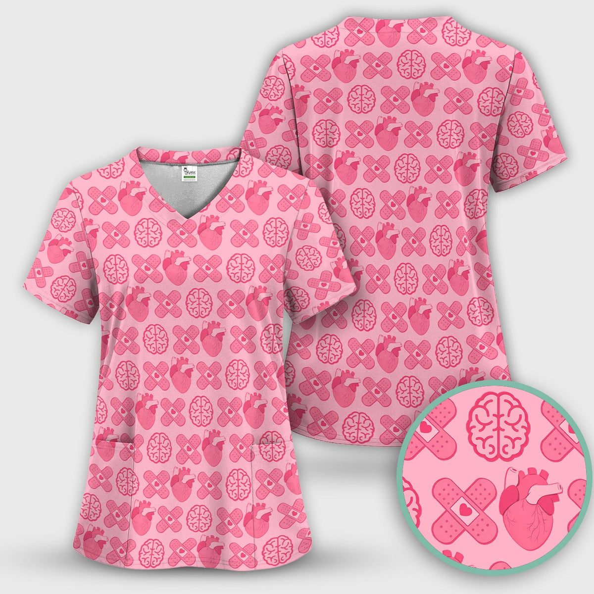 Heart & Brain Medical Icon Pattern Scrub Top, Breathable Fabrics Nursing Uniform