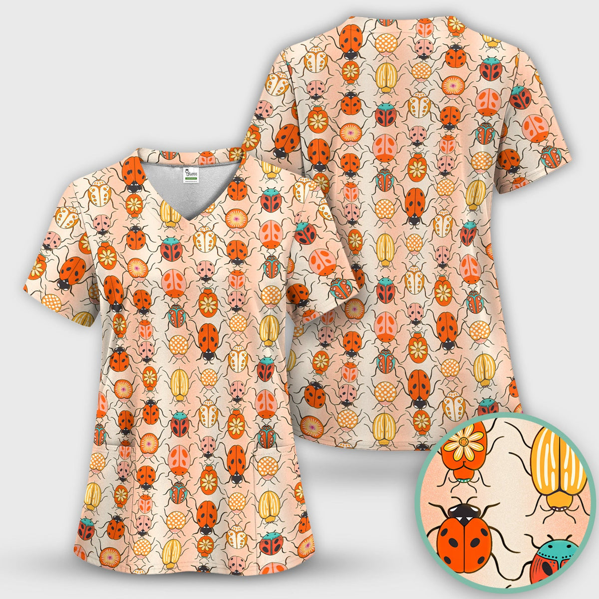 Ladybug Beetle Floral Nurse Scrub Top