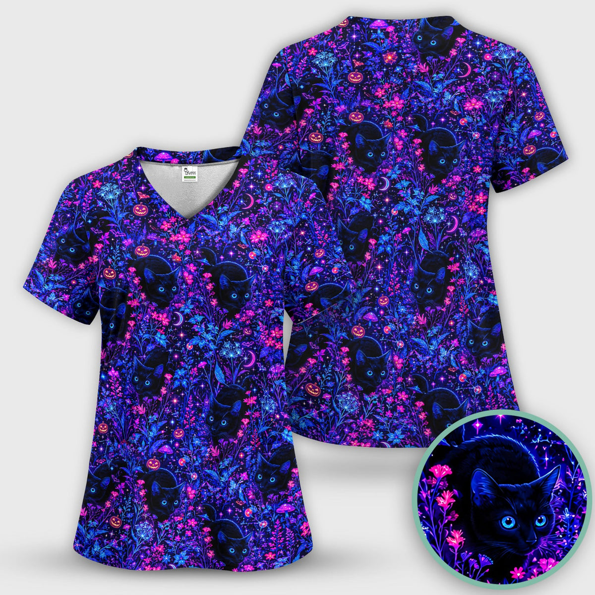 Spooky Black Cat Garden Nurse Scrub Set