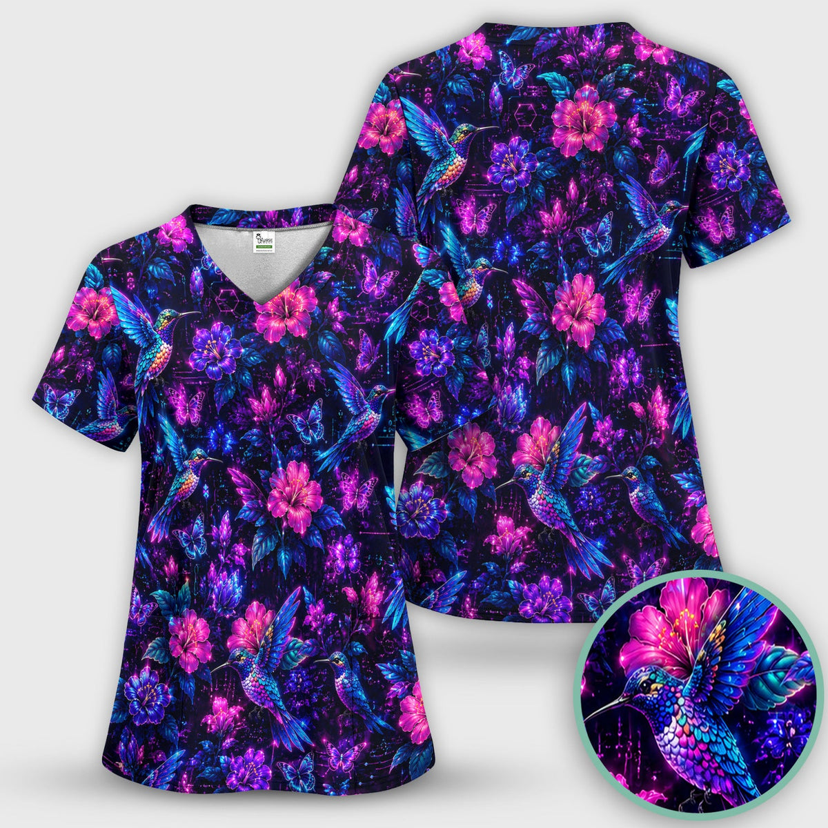 Neon Hummingbird Butterfly Bloom Pattern Scrub Top, Comfortable Scrubs for Nurses
