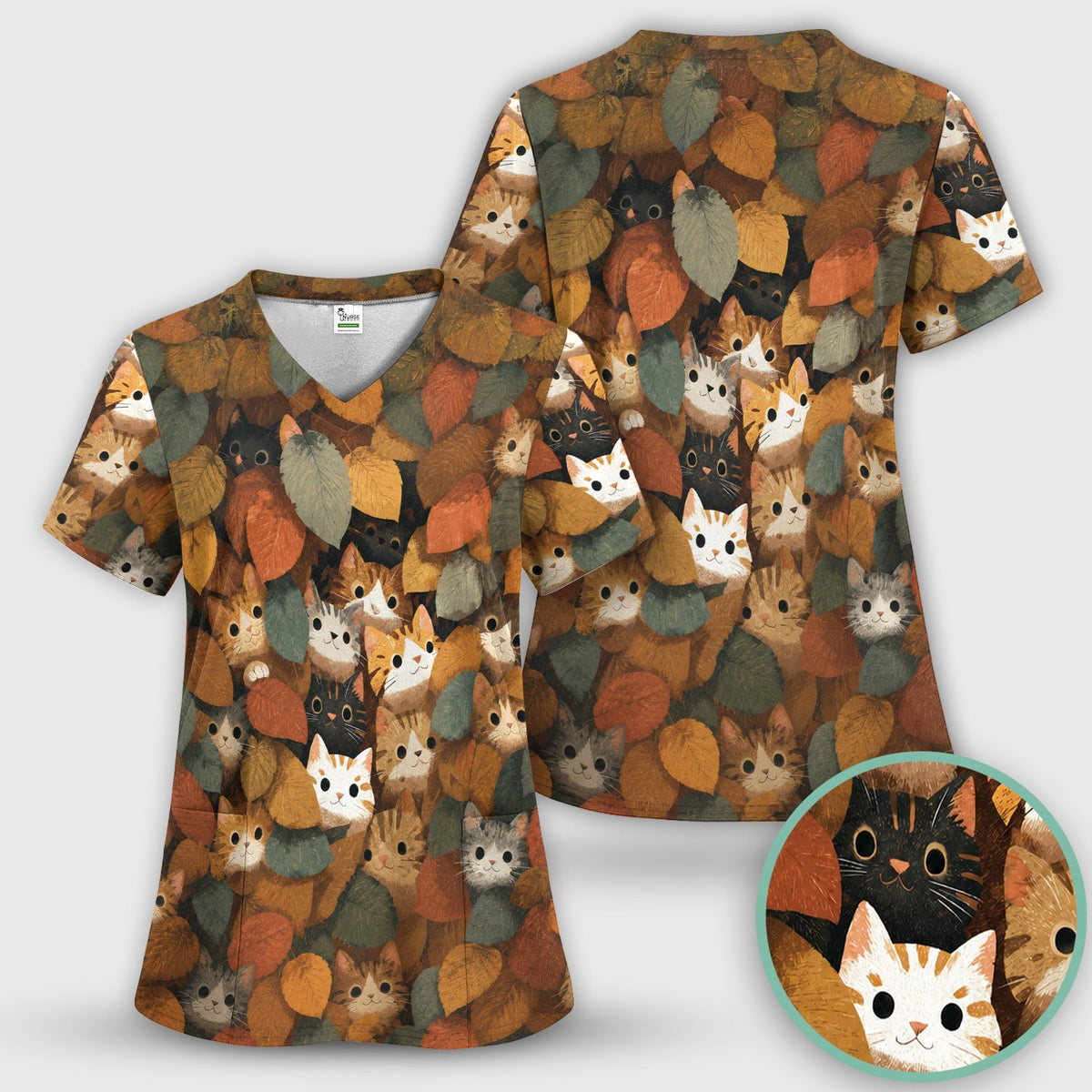 Cute Autumn Cat Leaf Pile Nurse Scrub Set