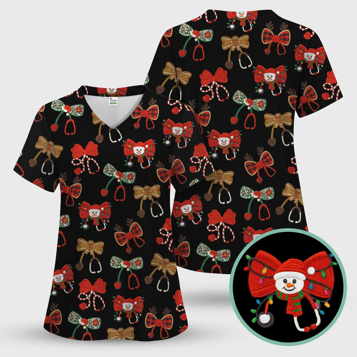 Christmas Stethoscope Bow Nurse Scrub Top
