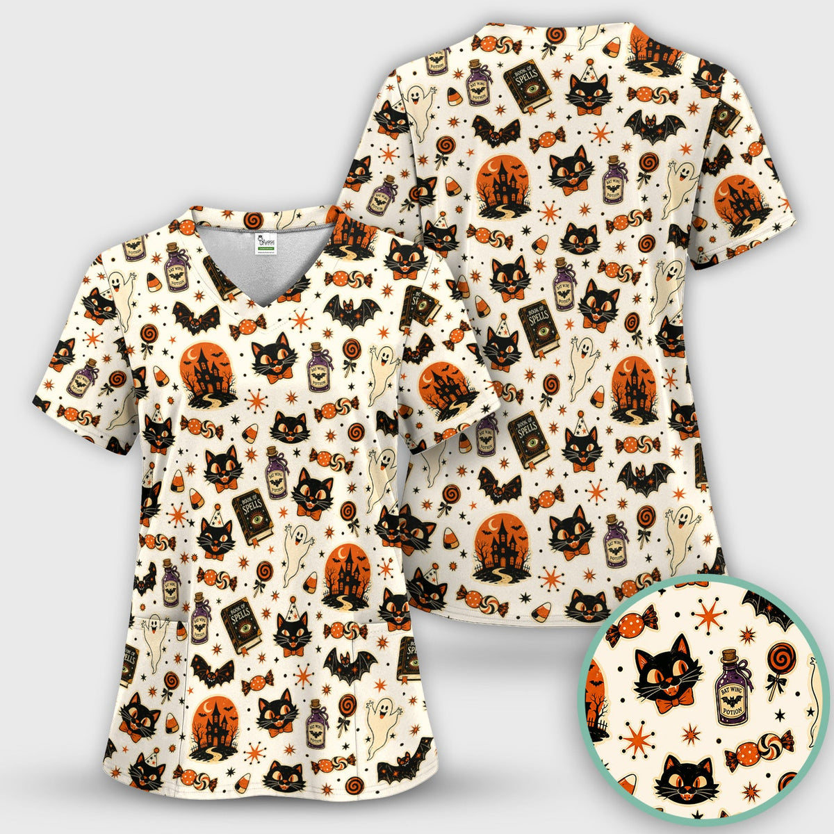 Black Cat Ghost Candy Nurse Scrub Top - Halloween Gift