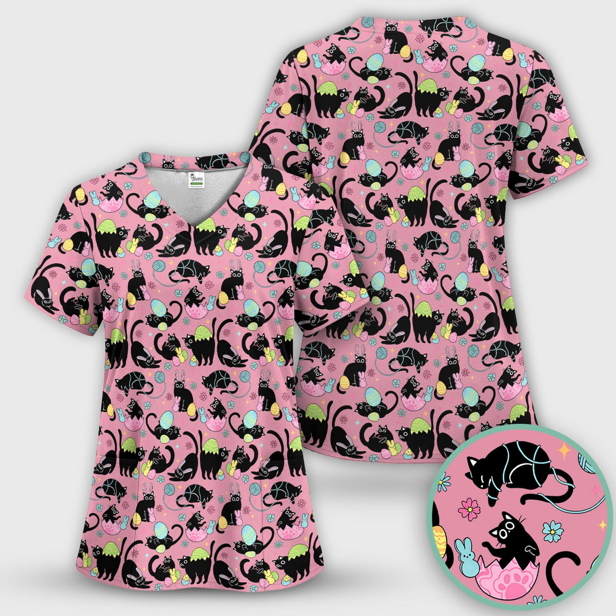 Black Cat Egg Nurse Scrub Top - Easter Gift