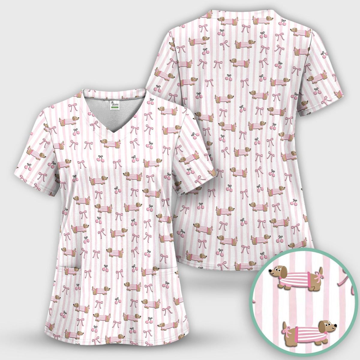 Dachshund Pink Stripe Nurse Scrub Top