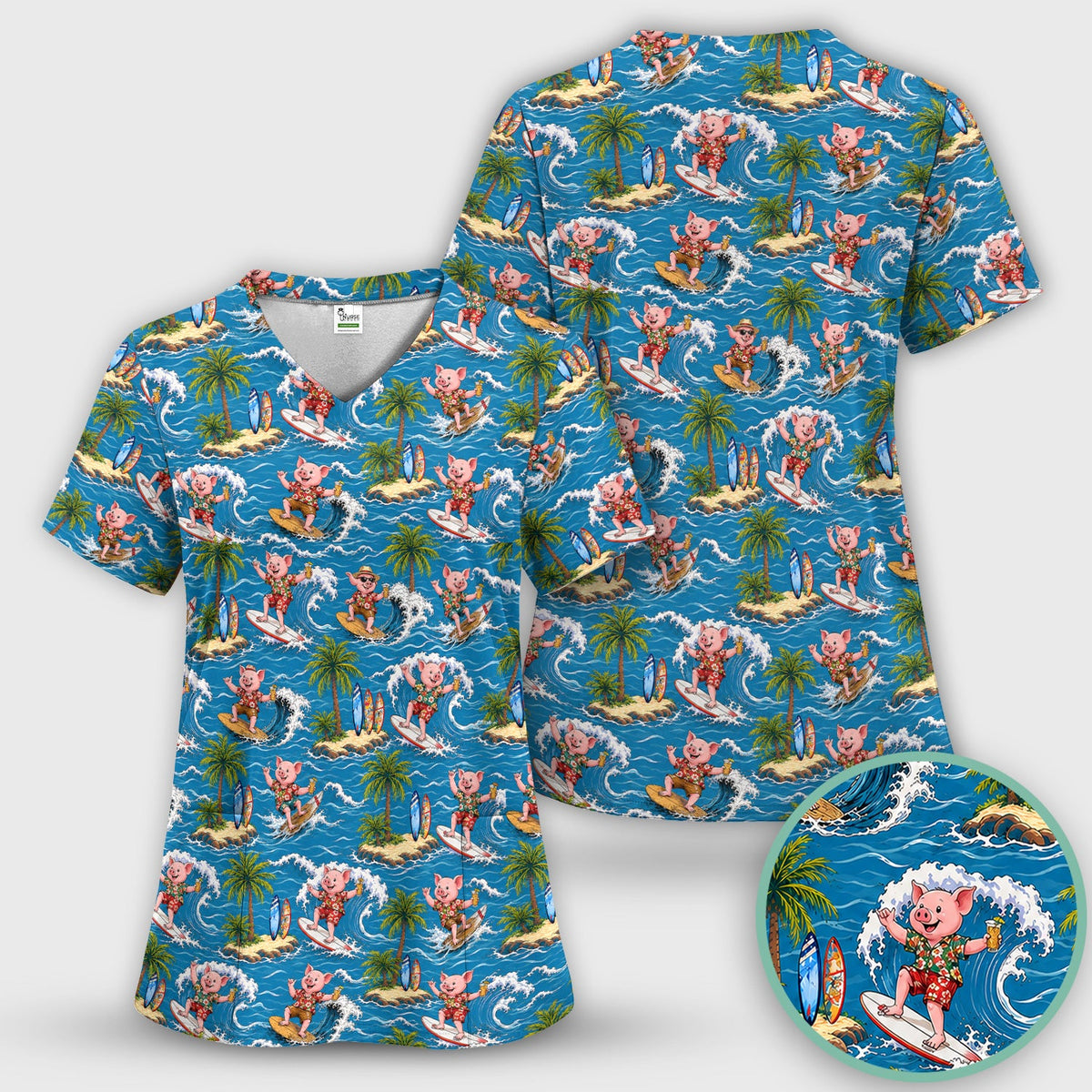 Tropical Surfing Pig Island Nurse Scrub Top