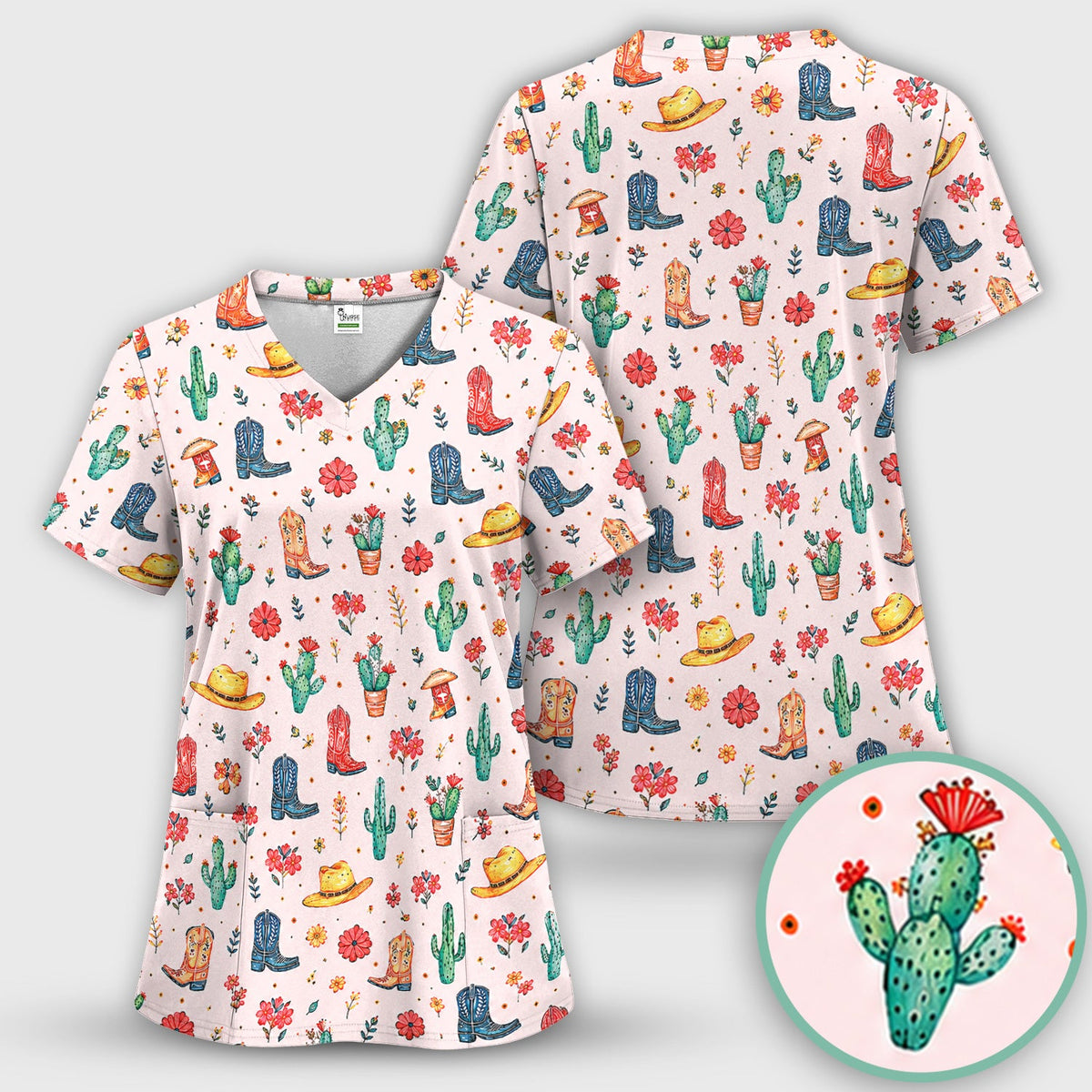 Whimsical Western Cactus Boots Nurse Scrub Set