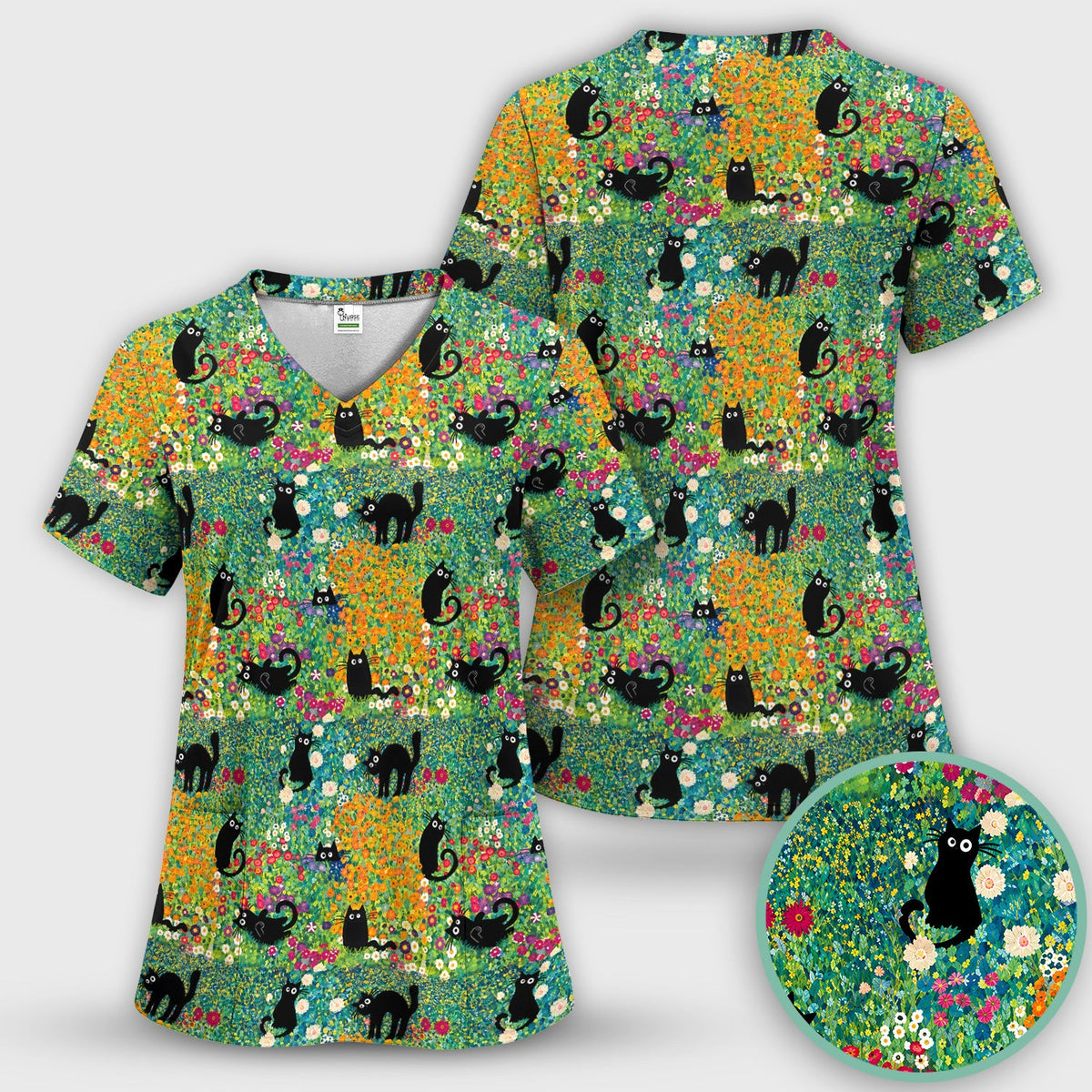 Black Cat Flower Garden Nurse Scrub Set