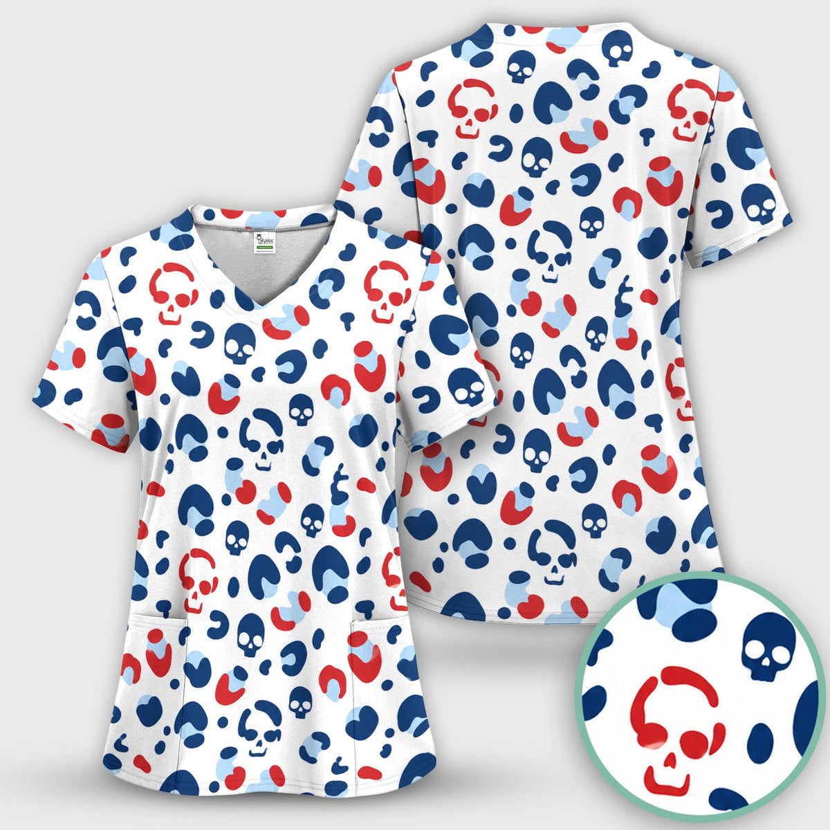 Red Blue Skull Leopard Nurse Scrub Set