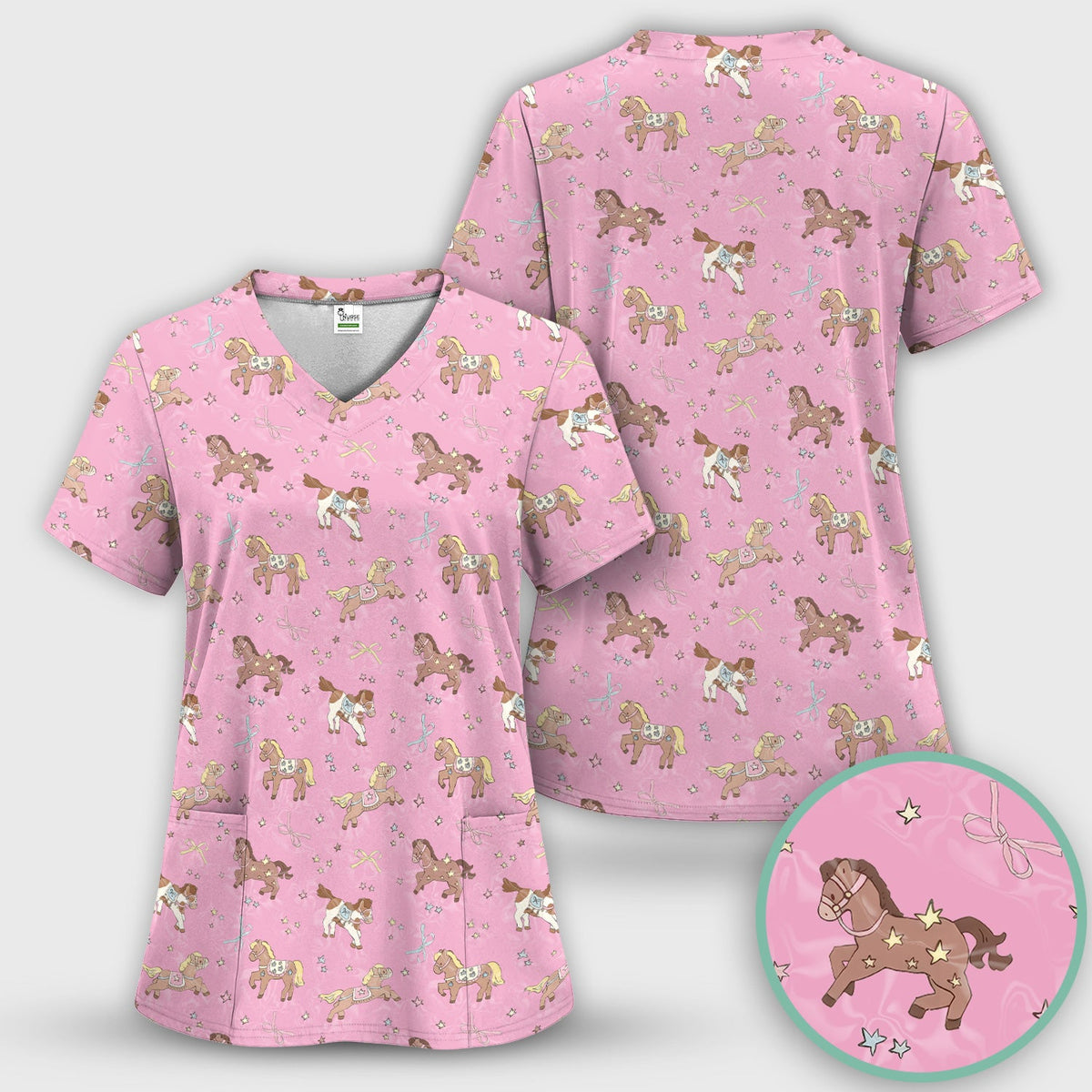 Cute Pony Star Pattern Scrub Set, Breathable Med Uniform