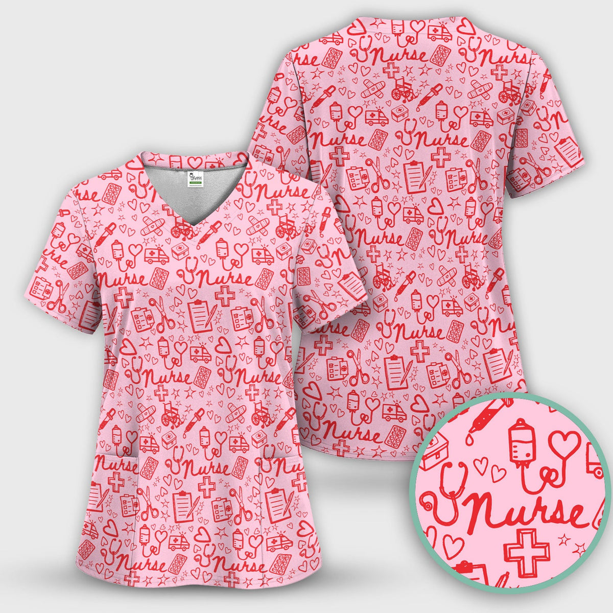 Cute Nurse Heart Medical Pattern Scrub Top, Comfortable Scrubs for Nurses