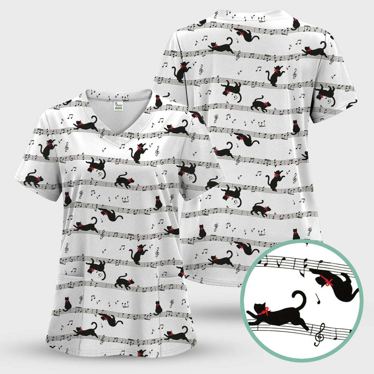 Dancing Black Cat Music Nurse Scrub Top