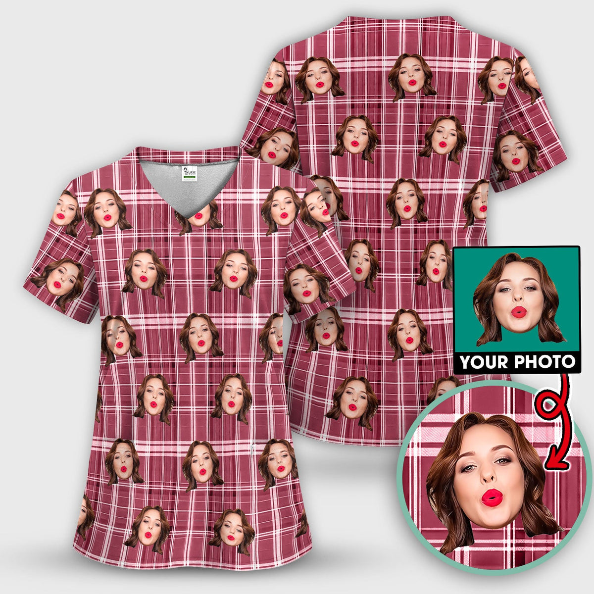 Personalized Photo Plaid Nurse Scrub Set