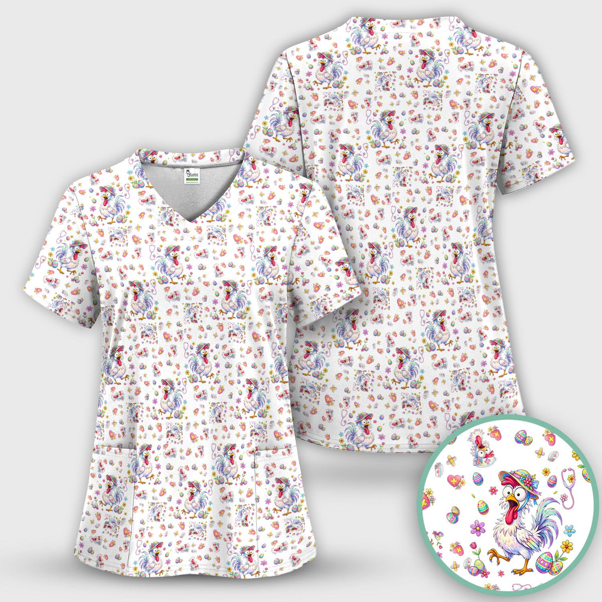Funny Easter Nurse Chicken Pattern Scrub Top, Comfortable Scrubs for Nurses