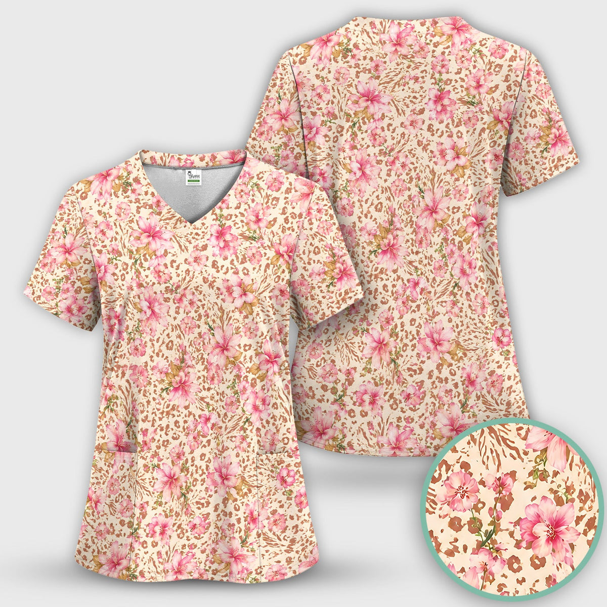 Pink Floral Leopard Nurse Scrub Top