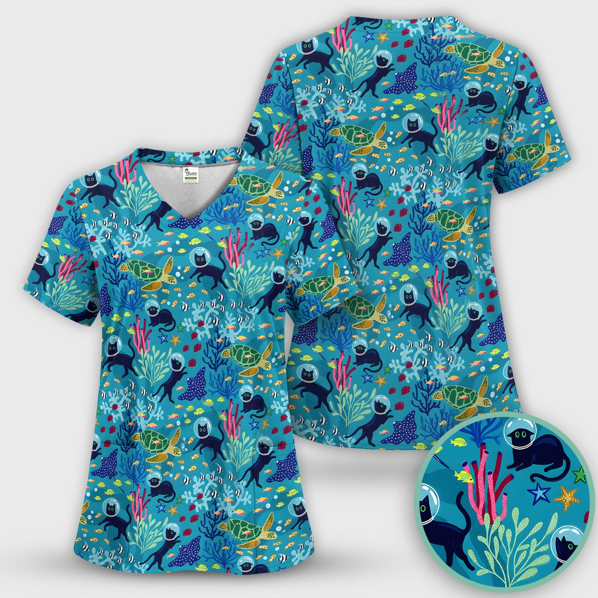 Underwater Cat Turtle Veterinary Pattern Scrub Top for RN, CNA, Ocean Medical Uniform