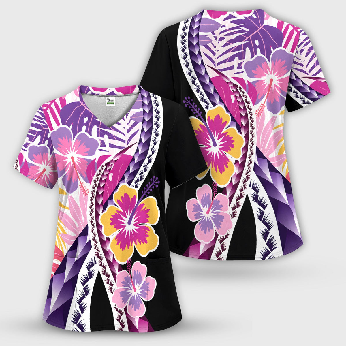 Nurse Tropical Hibiscus Leaf Pattern Scrub Top, Comfortable Scrubs for Nurses