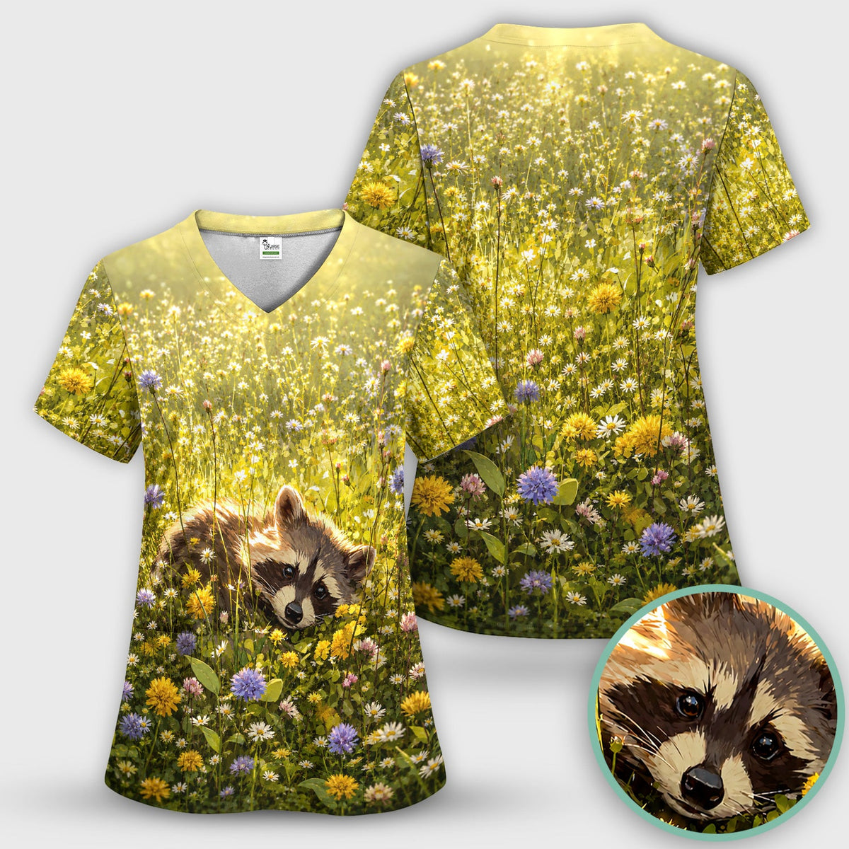 Meadow Raccoon Wildflower Garden Nurse Scrub Top