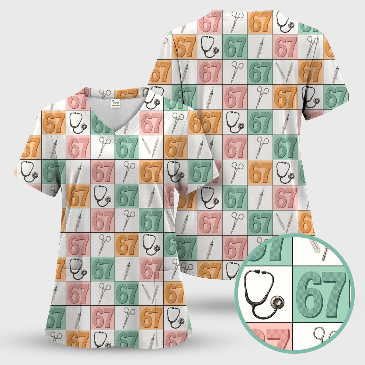 67 Patchwork Medical Tools Nurse Scrub Top