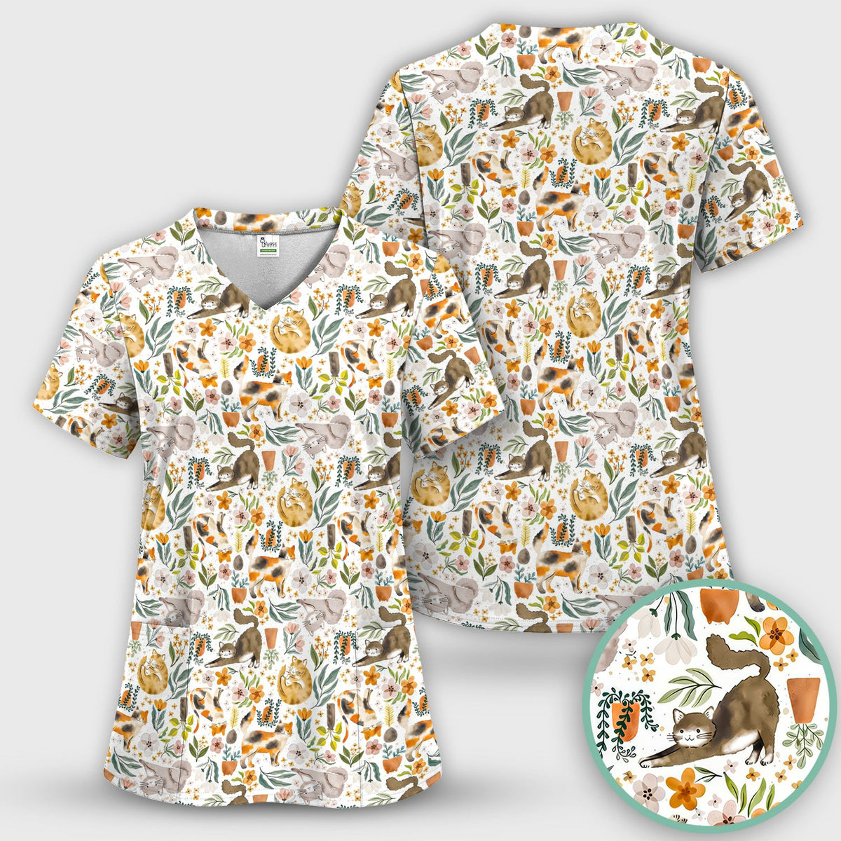 Cat Wildflower Garden Nurse Scrub Set