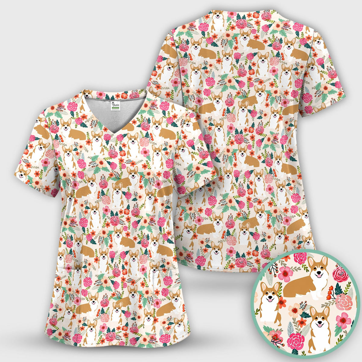 Corgi Floral Garden Nurse Scrub Top