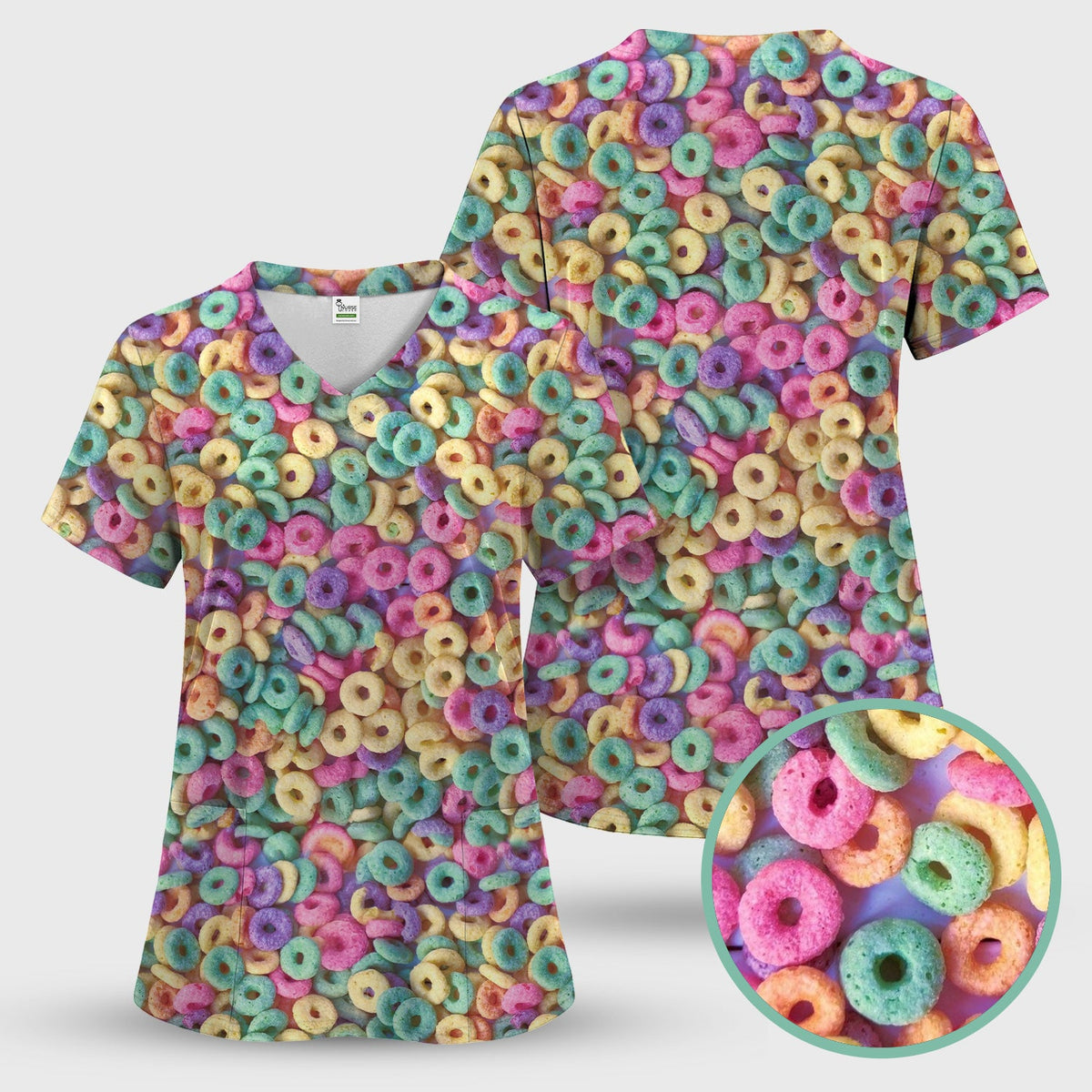 Colorful Cereal Loops Pattern Scrub Set, Scrub Pants and V Neck Top