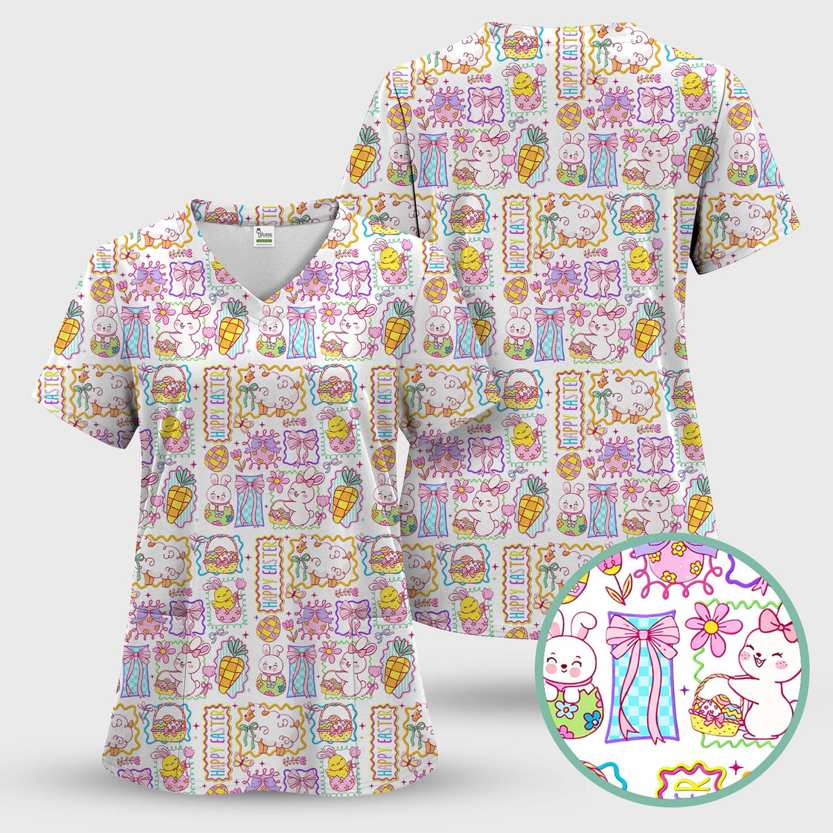 Cute Easter Bunny Egg and Bow Print Scrub Top, Breathable Fabrics Nursing Uniform
