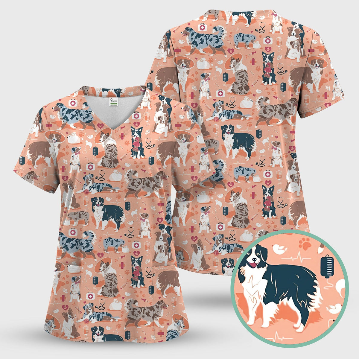 Cute Dog Pattern Women's Veterinary Scrub Set, Scrub Pants and V Neck Top