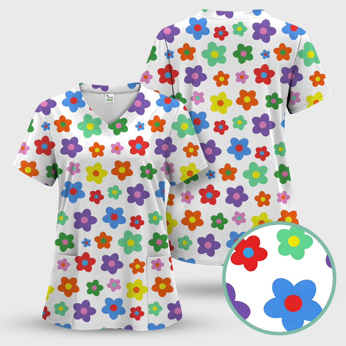 Colorful Retro Flower Nurse Scrub Top