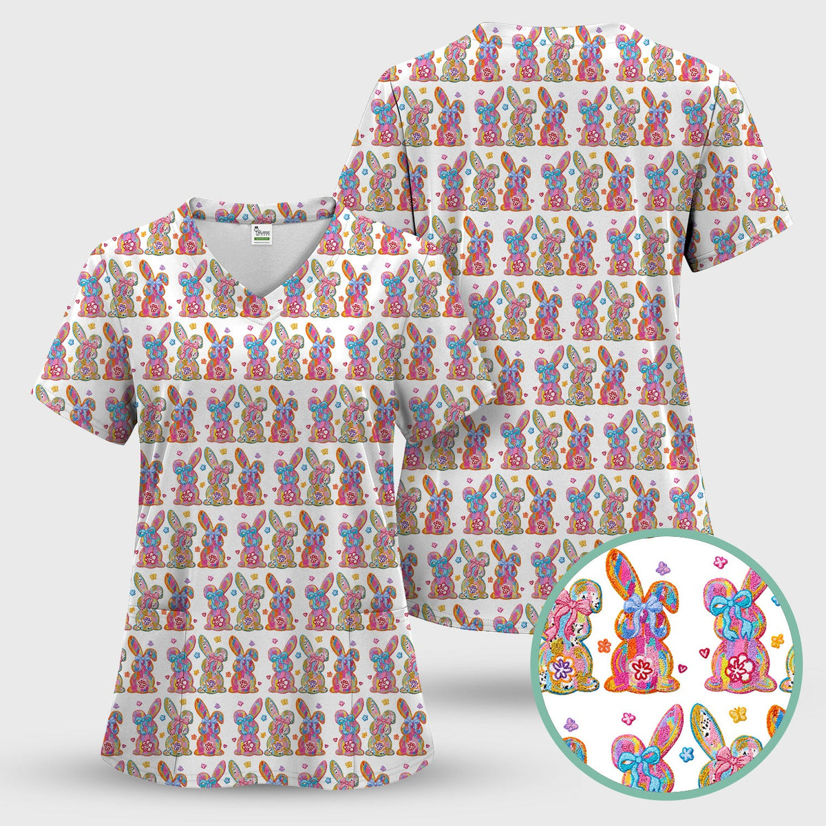 Cute Pastel Bunny Floral Pattern Scrub Top, Comfortable Scrubs for Nurses, Easter