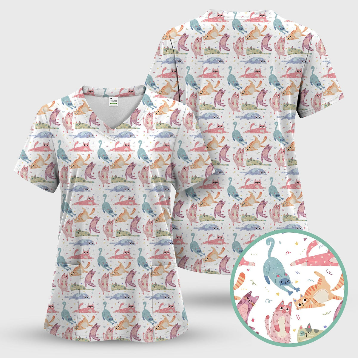 Funny Pastel Cat Pattern Medical Scrub Set, Breathable Fabrics Nursing Uniform